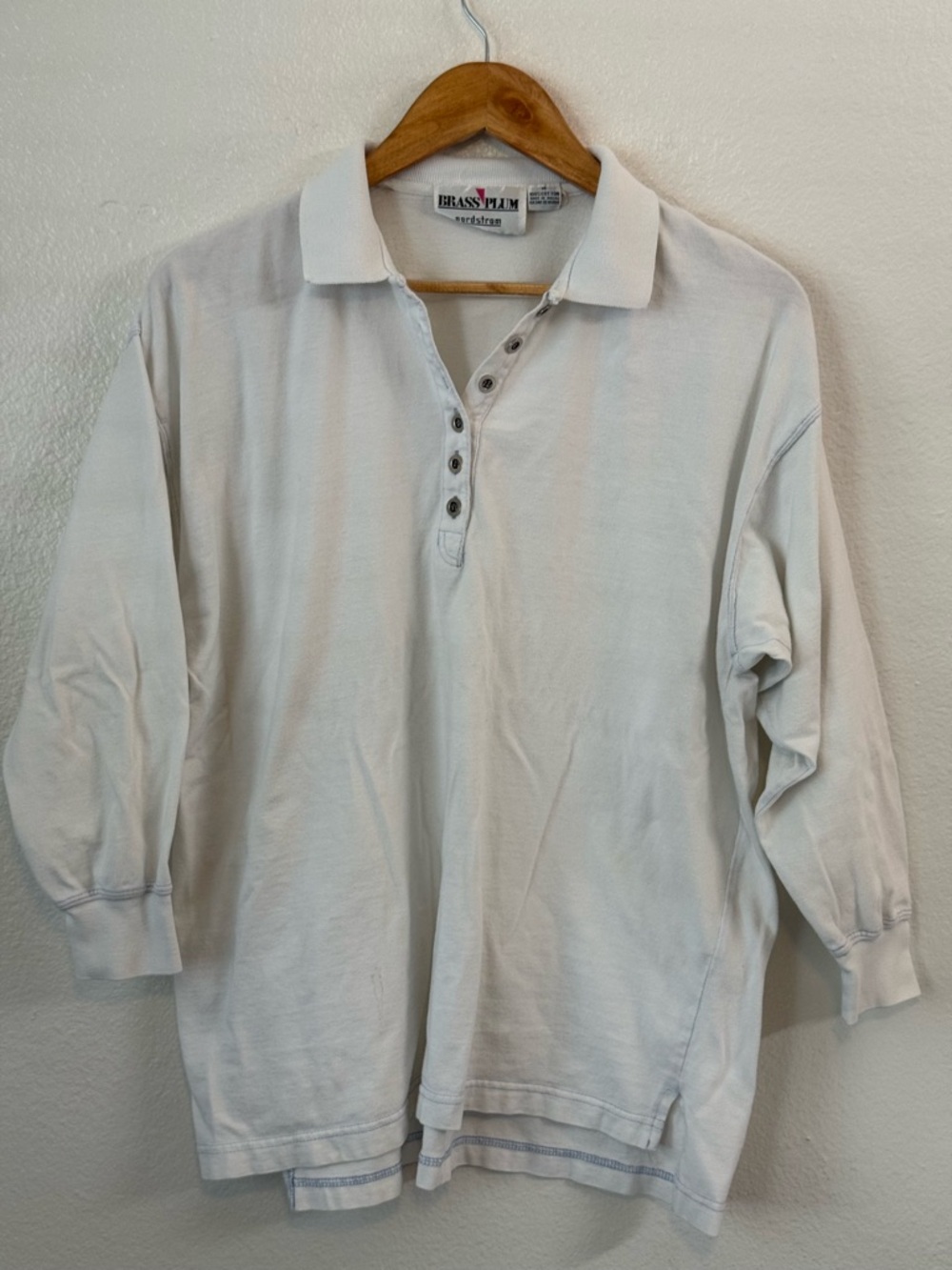 VTG Brass Plum Nordstrom White Long-Sleeve Polo Shirt Size M 90s Butter Mom Chic
